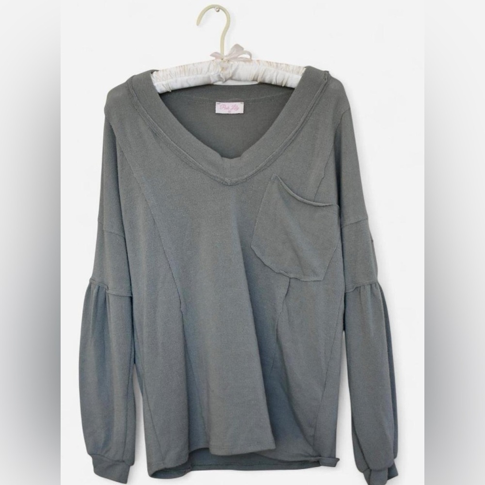 Pink Lily Sage Green Reverse Seam Boho Sweater